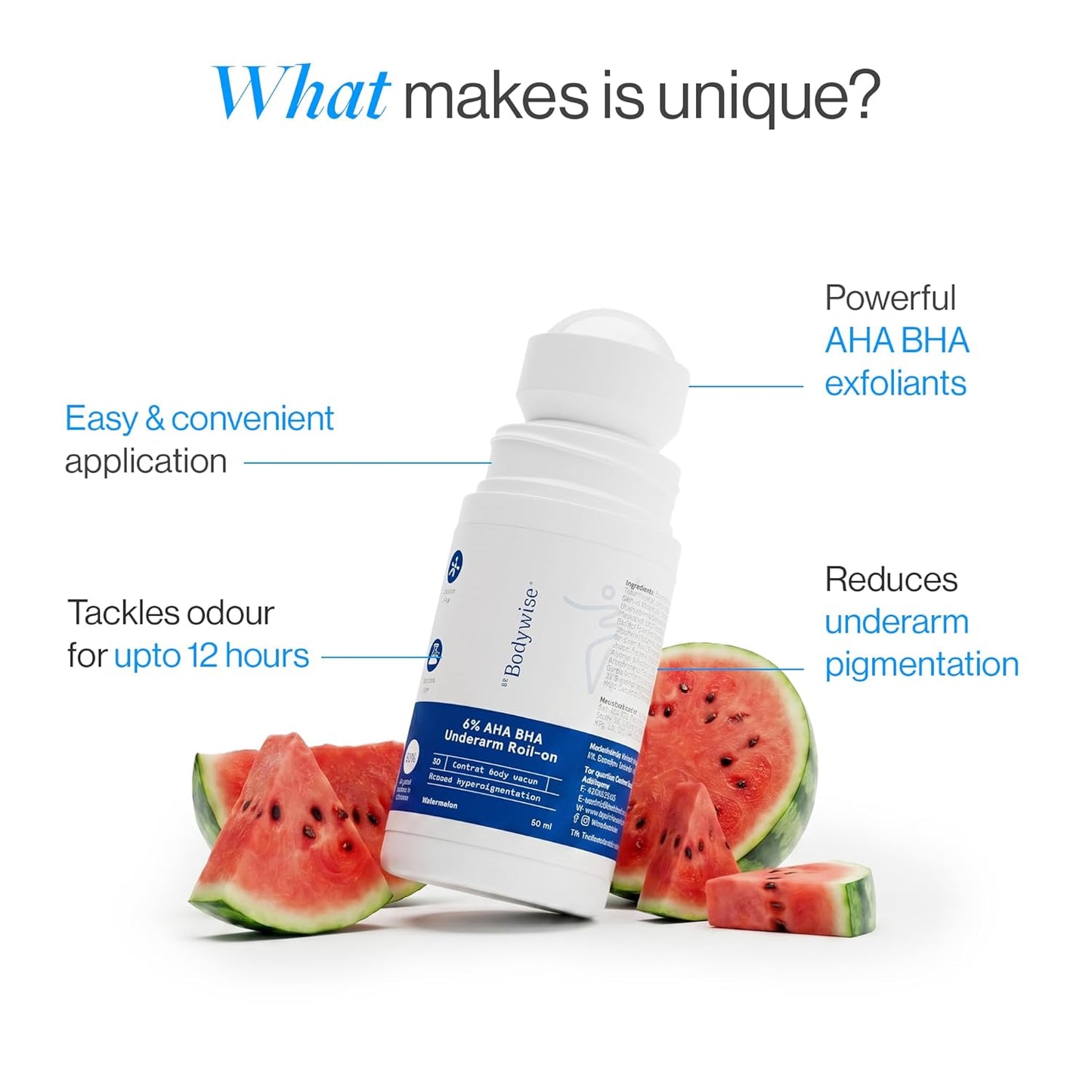 Be Bodywise 6% AHA BHA Underarm Roll On Deodorant, 50ml | 1% Mandelic, 4% Lactic, 1% Salicylic Acid | Prevents Body Odour & Fades Pigmentation for Even Tone Skin | Alcohol & Aluminum Free | Watermelon