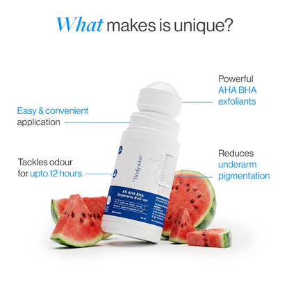 Be Bodywise 6% AHA BHA Underarm Roll On Deodorant, 50ml | 1% Mandelic, 4% Lactic, 1% Salicylic Acid | Prevents Body Odour & Fades Pigmentation for Even Tone Skin | Alcohol & Aluminum Free | Watermelon