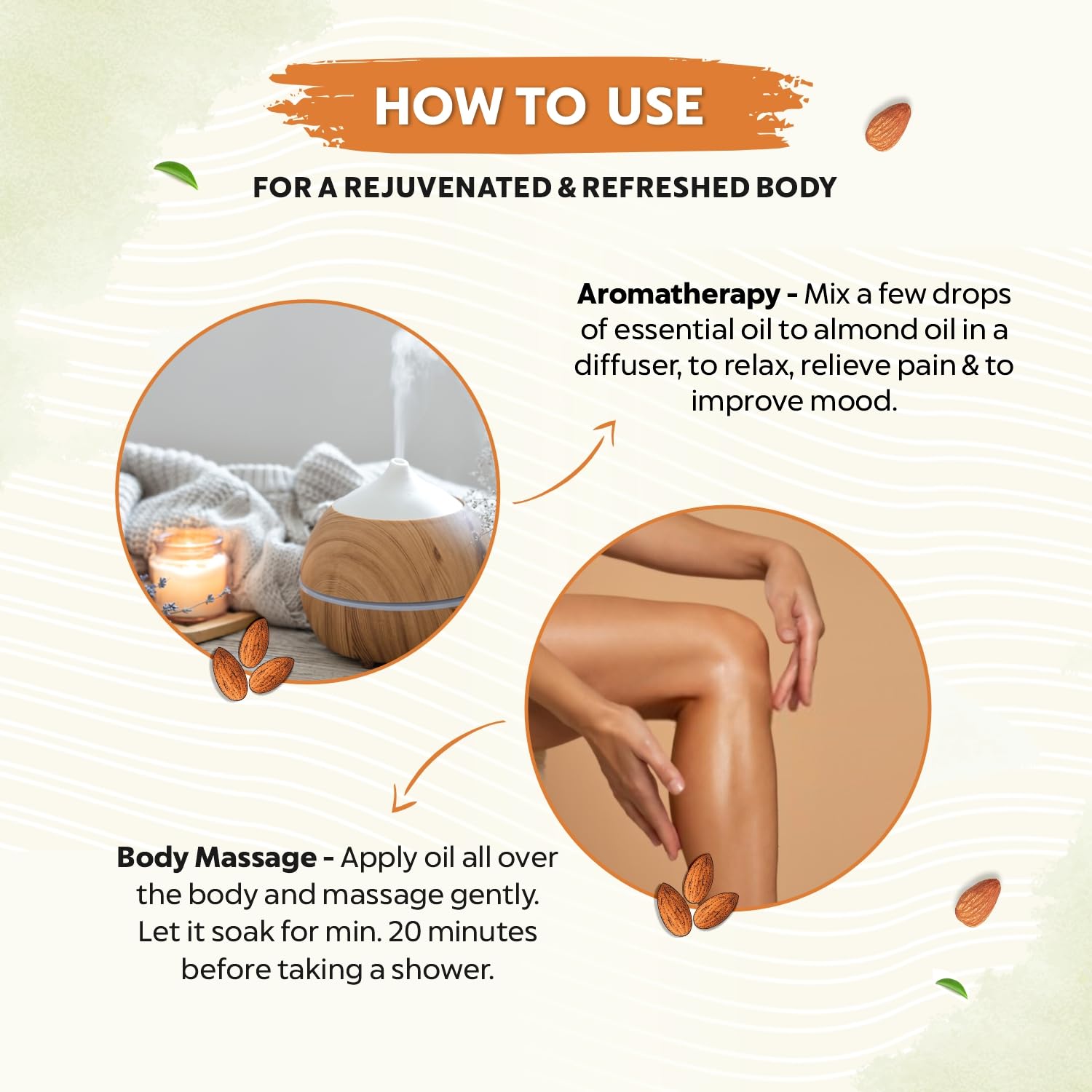 Instructions on how to use almond oil for aromatherapy and body massage on a light background.