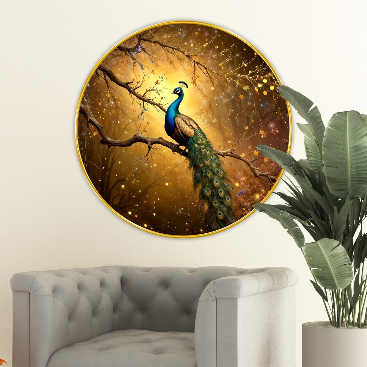 Peacock modern art Premium Sparkle lamination Golden Slim Frame 50.8 cm x 50.8 cm Large Size, For Home/Office/Hotel painting GRL117