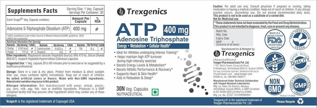 Trexegenics ATP Adenosine Triphosphate supplement label with branding and certification logos.
