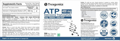 Trexegenics ATP Adenosine Triphosphate supplement label with branding and certification logos.
