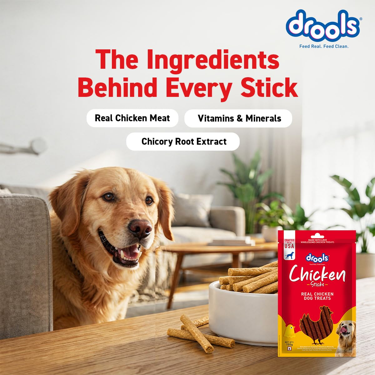 Drools Puppy & Adult Dog Treats Sticks, 100g | Real Chicken Flavour |Rich in Protein | No Artificial Preservatives | Best for Training & Bonding | Formulated in USA | Premium Treats