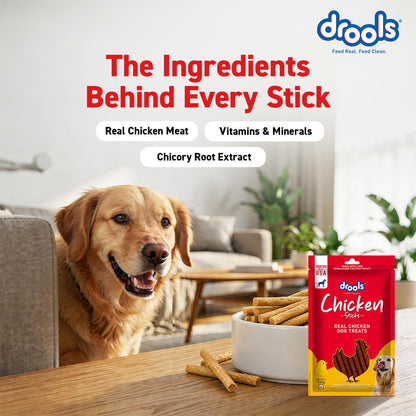 Drools Puppy & Adult Dog Treats Sticks, 100g | Real Chicken Flavour |Rich in Protein | No Artificial Preservatives | Best for Training & Bonding | Formulated in USA | Premium Treats