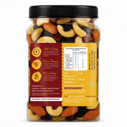 NUTRI HARVEST Premium Dry Fruits Mix pack (Panch Mewa Mix), Natural Blend of Almonds, Cashews,Black and green Raisins and diced Dates| Fit for Fasting 250 gram| (Re-sealable pack for freshness)