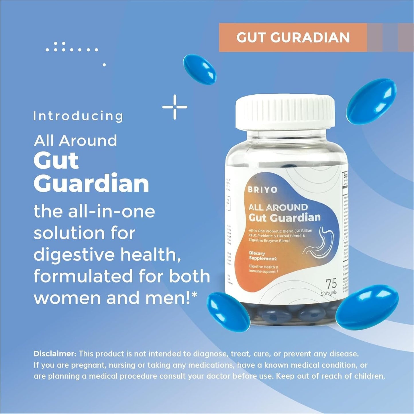 Bottle of All Around Gut Guardian supplement with blue capsules on a blue background