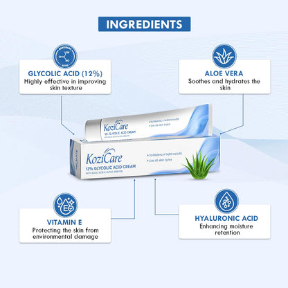 Kozicare 12% Glycolic Acid Cream with labeled ingredients on a blue background