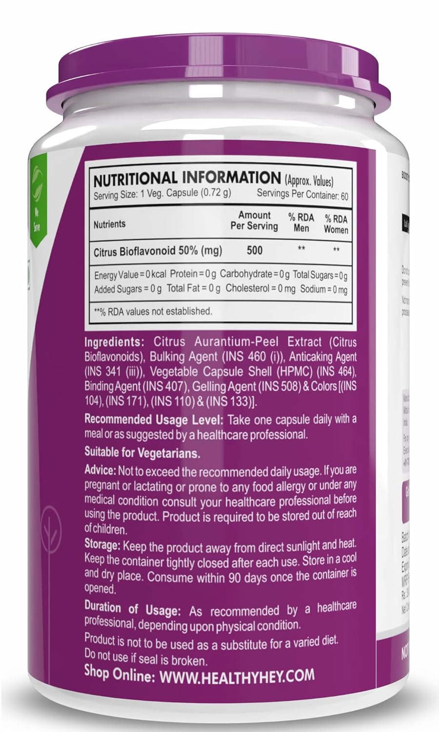 Supplement container with nutritional information and ingredients on a white background