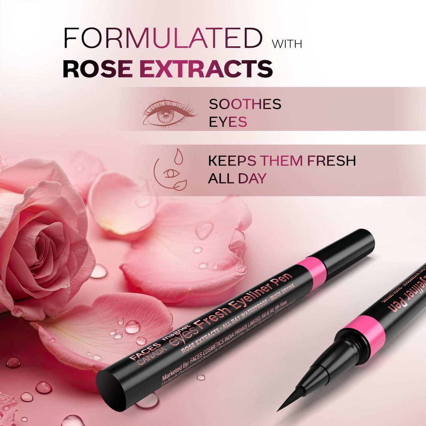 FACESCANADA Magneteyes Fresh Eyeliner Pen - Black, 1ml | All - Day Waterproof & Smudgeproof | Long-Lasting | Matte Intense Color Payoff | Quick Drying & One Stroke Application | Rose Extract