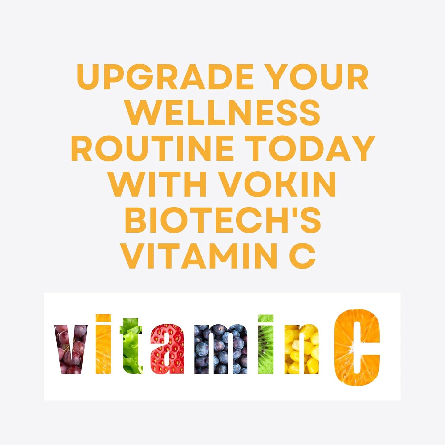 Advertisement for Vokin Biotech's Vitamin C supplement with colorful text and fruit icons on a white background.