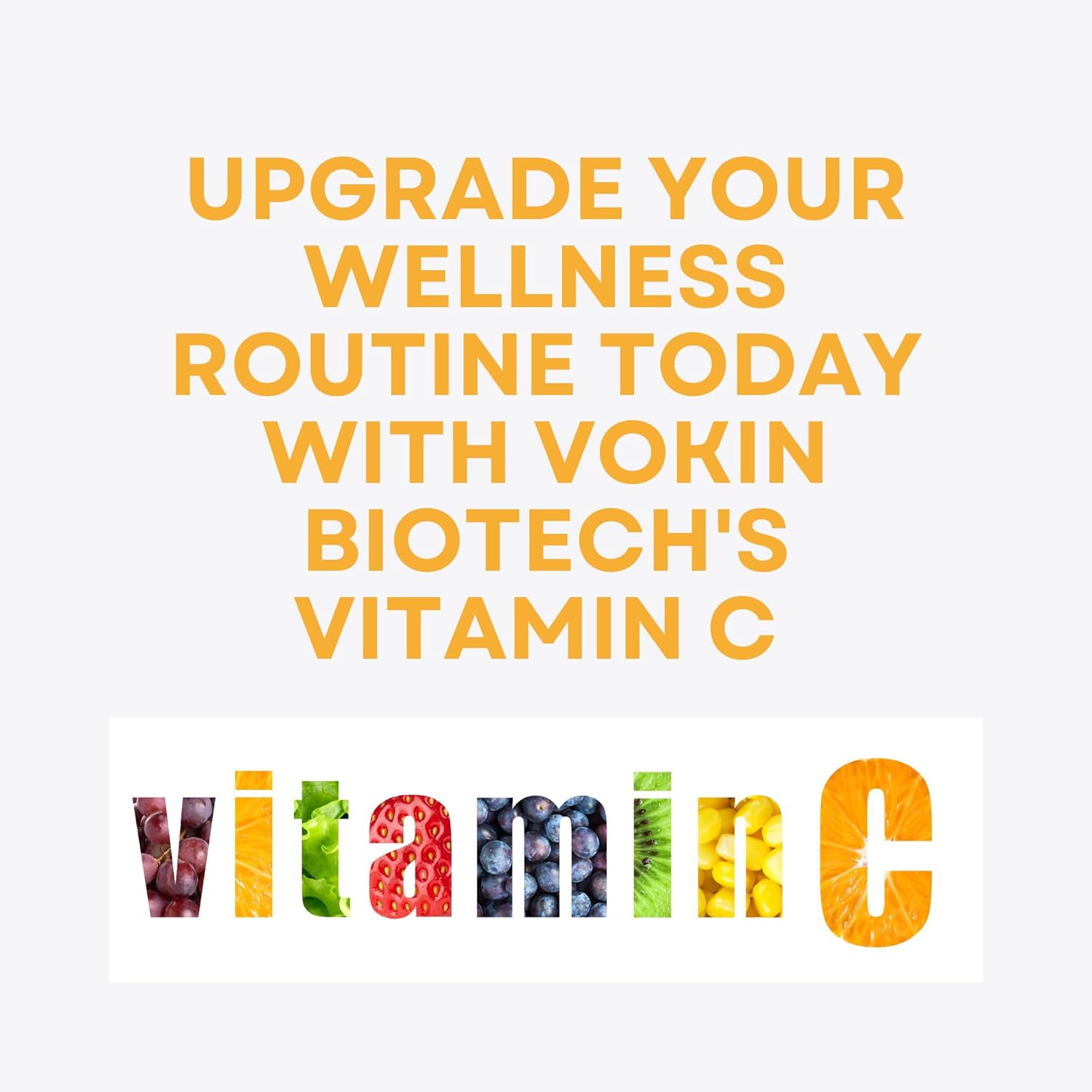 Advertisement for Vokin Biotech's Vitamin C supplement with colorful text and fruit icons on a white background.