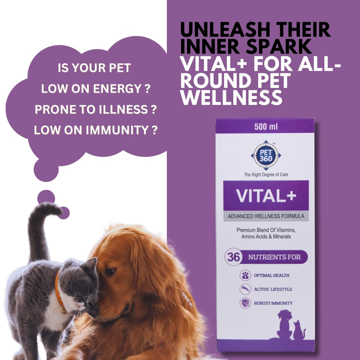 PET360 Vital+ Advanced Wellness Formula | Daily Multivitamin Syrup | Healthy Skin, Joints, Immunity & Growth | Nutritional Supplement for Dogs & Cats- 500 ml