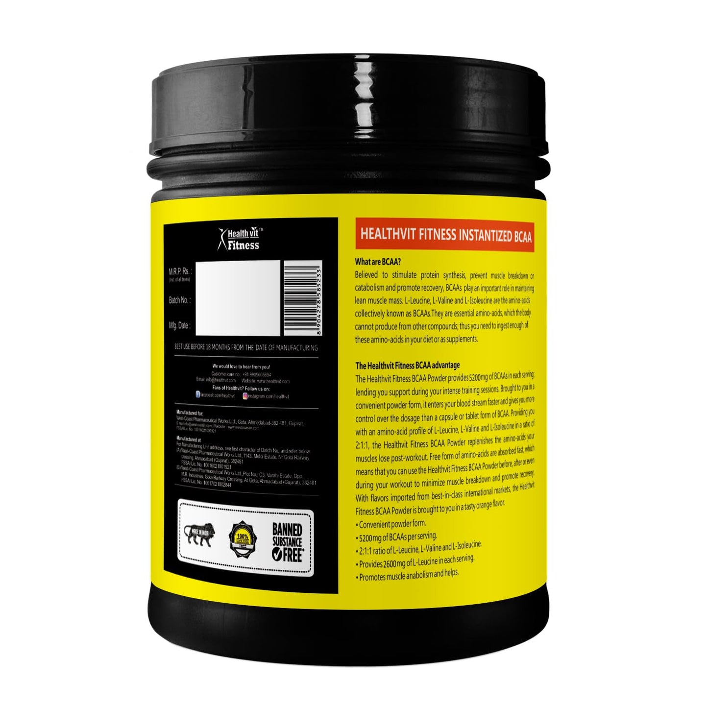 Healthvit BCAA 6000mg Supplement for Men & Women with Ideal 2:1:1 Ratio | Intra Workout Supplement for Men and Women for Muscle Growth & Muscle Recovery - Orange Flavor | Pack of 1 - 200g