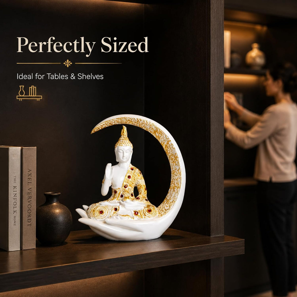 10 Inches 3D Resin Lucky White Crescent Moon Meditating Buddha Statue | Lord Gautam Buddha Idol for Home Decor, Living Room, Office & Gifting