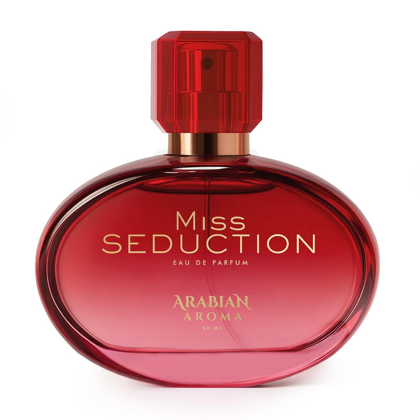 Red perfume bottle labeled 'Miss Seduction' by Arabian Aroma on a white background