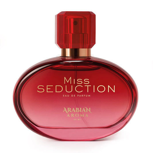 Red perfume bottle labeled 'Miss Seduction' by Arabian Aroma on a white background