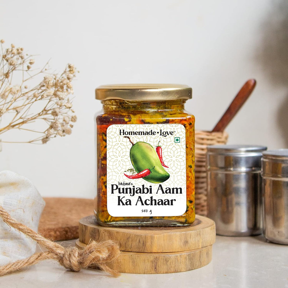Homemade Love Authentic Punjabi Mango Pickle | Spicy & Tangy Aam Ka Achaar with Raw Mango, and spices mixed with mustard oil
