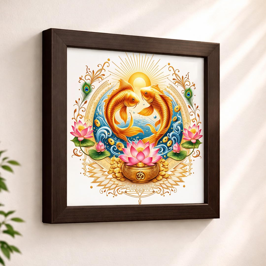 Pair Fish Koi Moi Golden Vastu Money Prosperity Fengshui Lotus Sacred Harmony Framed Poster Artwork Decor Painting