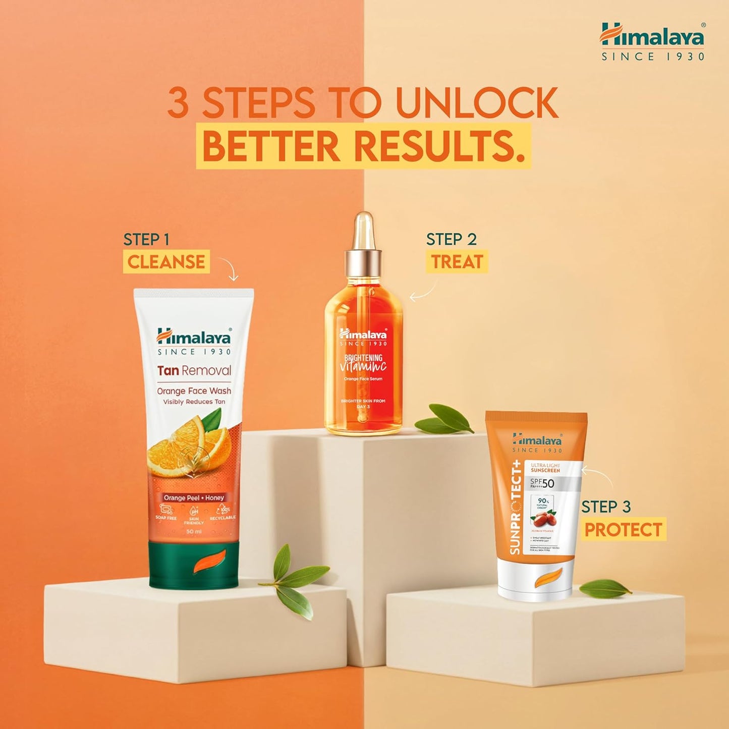 Himalaya skincare products with '3 Steps to Unlock Better Results' on an orange and beige background.