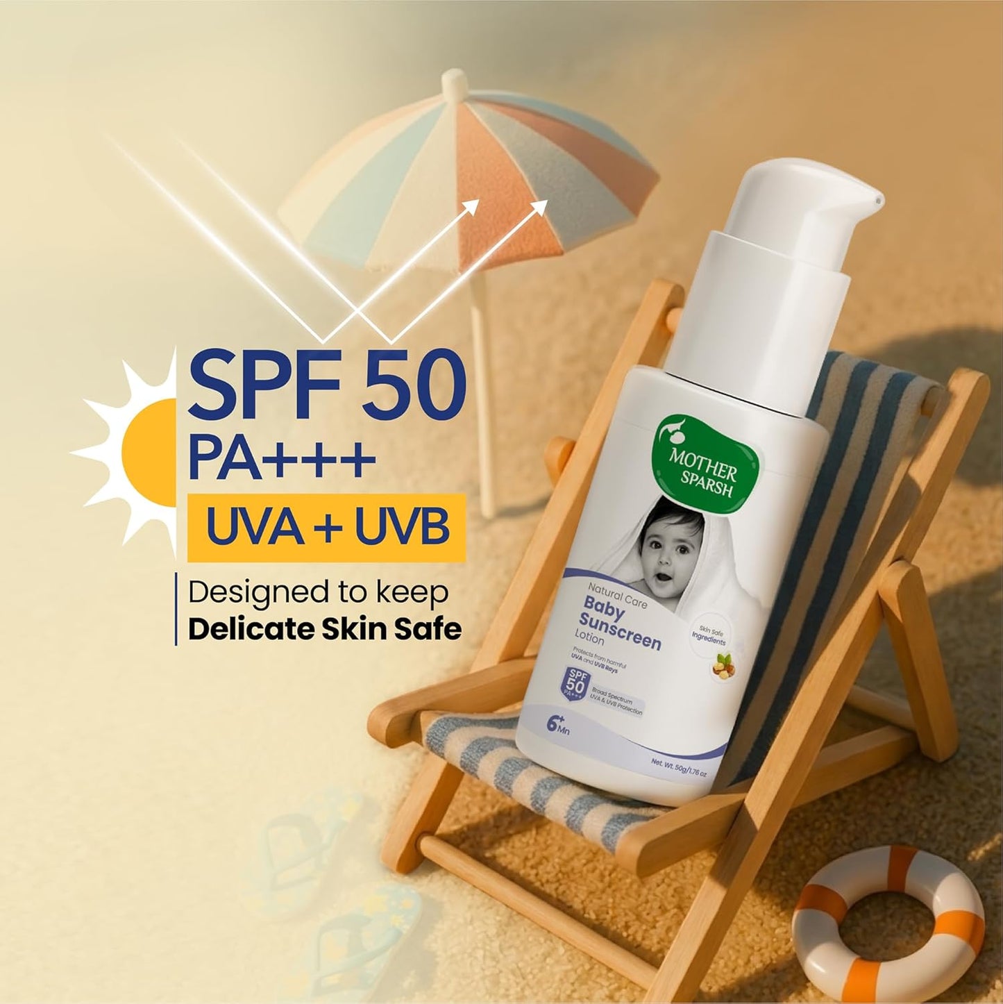 Mother Sparsh Natural Care Baby Sunscreen, SPF 50 PA+++, 50g | Sunscreen for Babies | Broad Spectrum, UVA & UVB Protection | Suitable for Babies 6+ Months