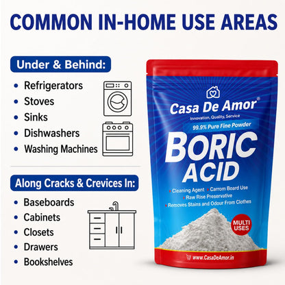 Casa De Amor Boric Acid - 99.9% Pure Fine Powder (100 gms) | Highly Effective for Removing Pests Cockroaches, Ants, Silverfishes, for Carrom Board, Rice Preservative, Multi-Purpose, Anhydrous
