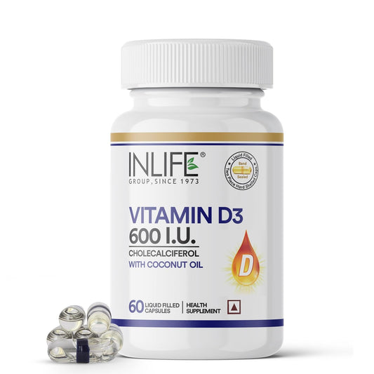 INLIFE Vitamin D3 600 IU Cholecalciferol Supplement with Coconut Oil for Better Absorption, For Men & Women, Immunity, Bone Health, Muscles - 60 Liquid Filled Capsules (Pack of 1)