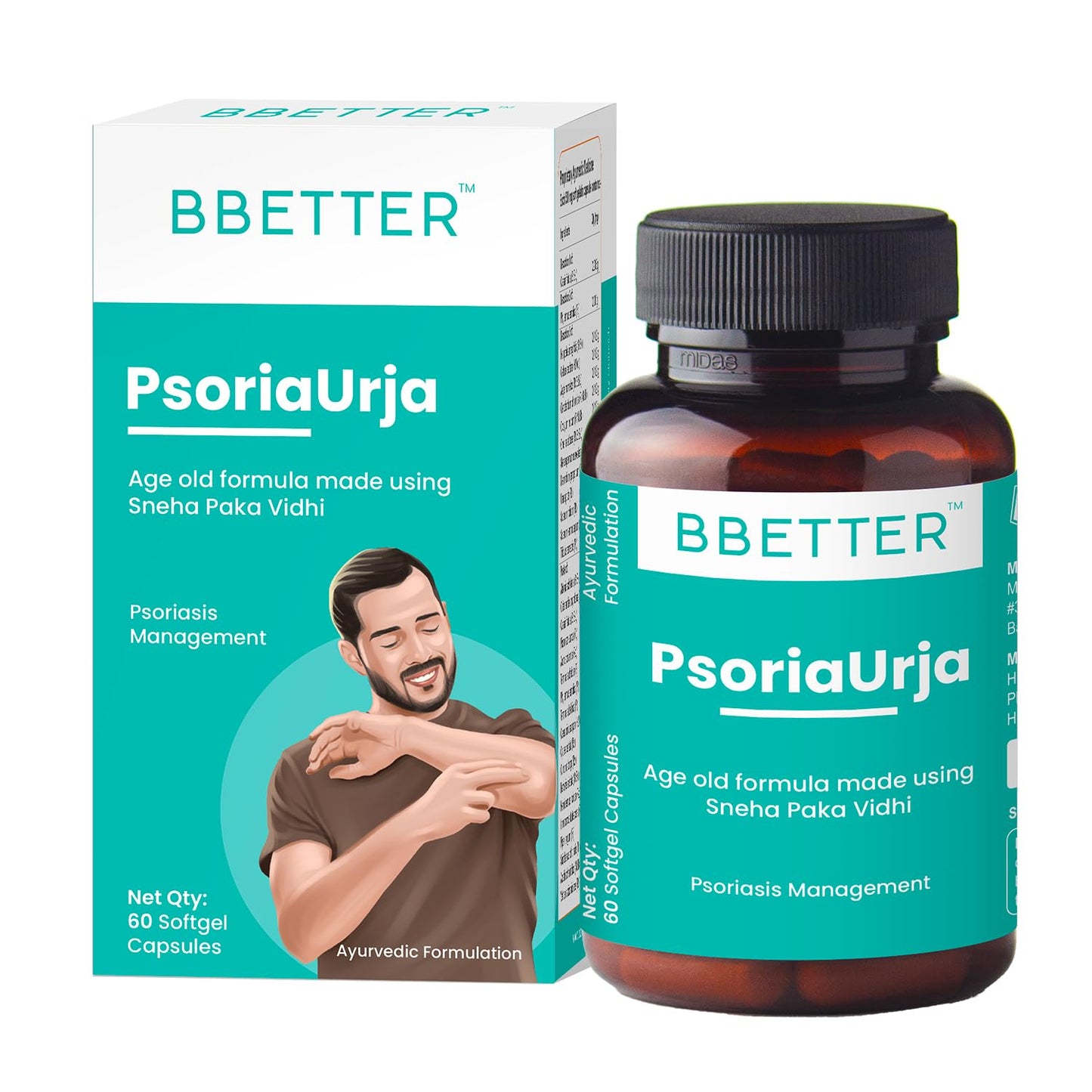 BBETTER PsoriaUrja - Lab Tested Ayurvedic Medicine for Skin Health Management | Made using Sneha Paka Vidhi method | 60 softgels