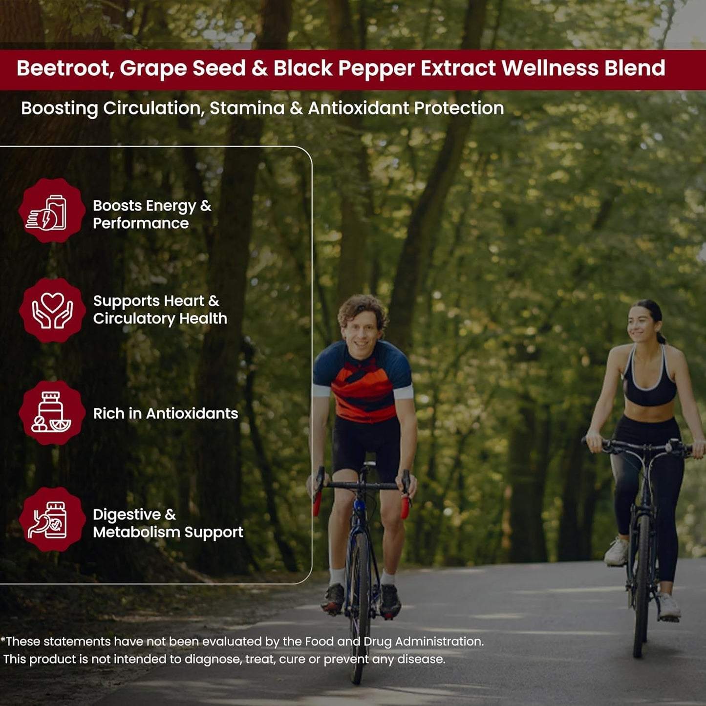 Two people cycling on a path with a wellness blend advertisement overlay.