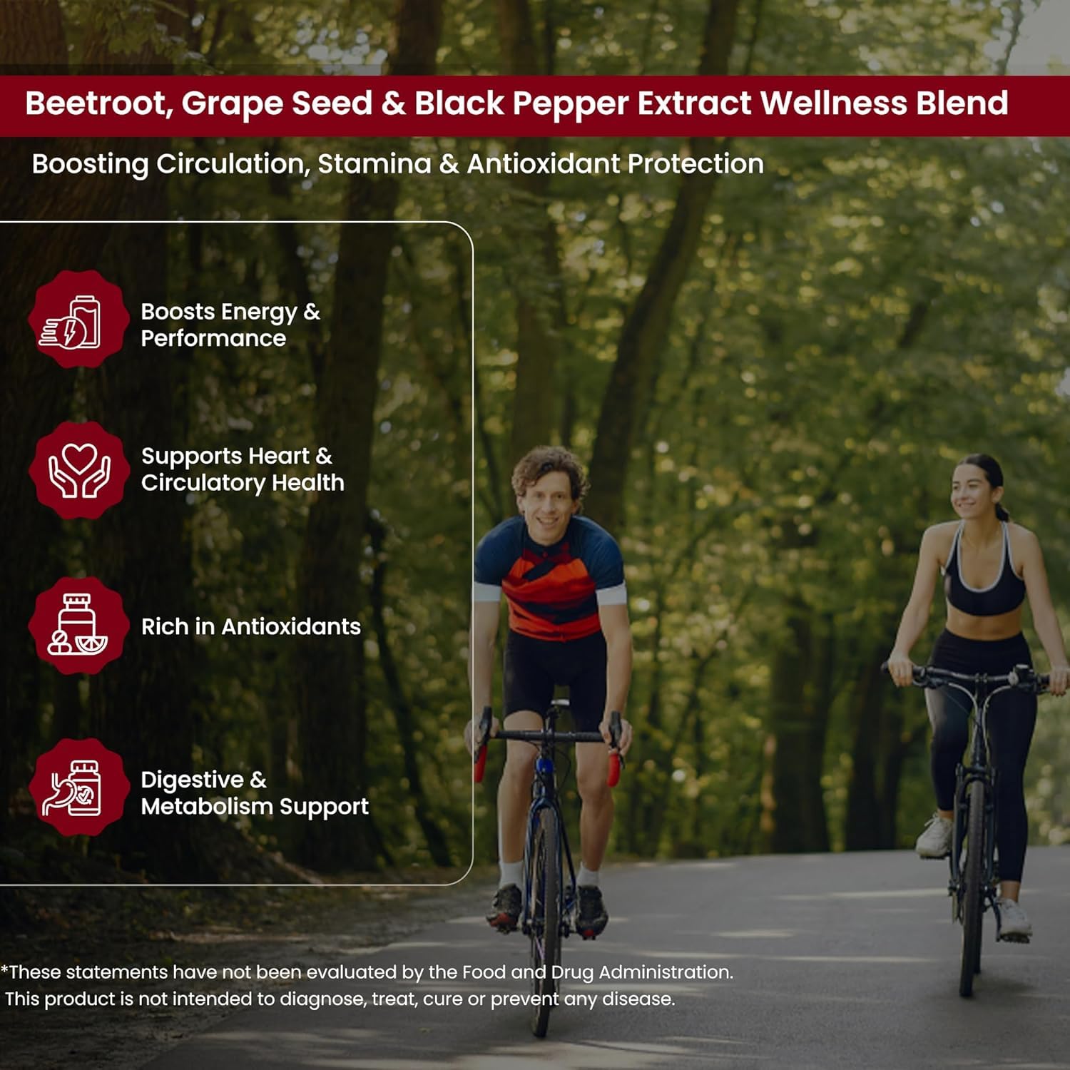 Two people cycling on a path with a wellness blend advertisement overlay.