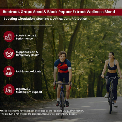 Two people cycling on a path with a wellness blend advertisement overlay.