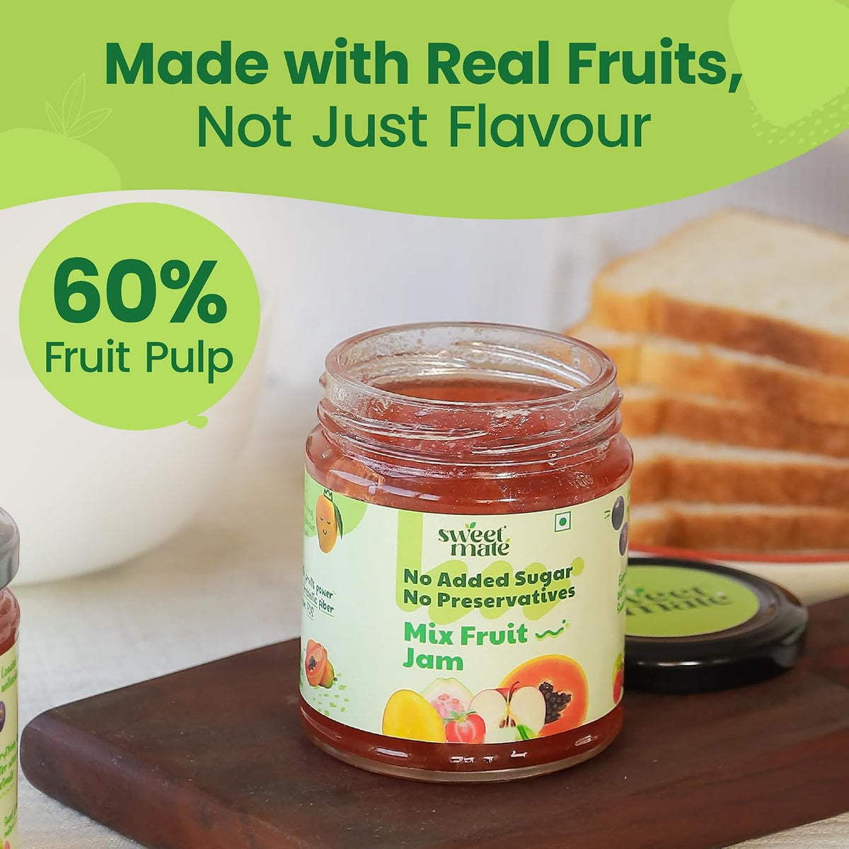 Sweetmate Mix Fruit Jam for Kids and Adults - (220g) | 100% Pure No Added Sugar | With Real Fruit Pulp | Naturally Sweetened | Diabetic and Keto Friendly | Delicious Jam