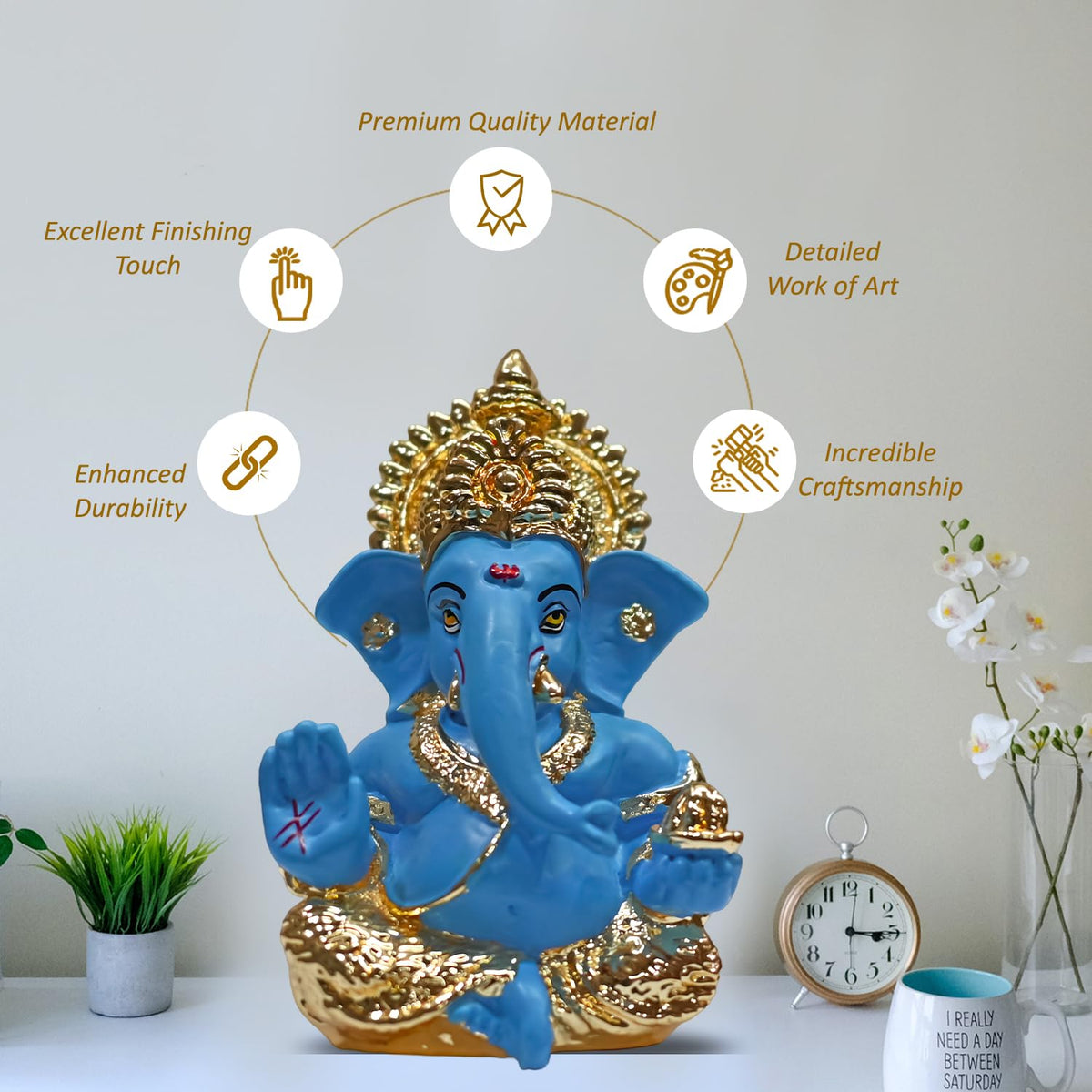 Gold Plated Lord Ganesha Idol for Home Decor Puja, Office & Home Shelves, Diwali Puja, and Gifting |Ganpati Murti Sculpture & Religious 3.5 Inches (8.89 x 5.08 cm) (Mukut Gold Blue)