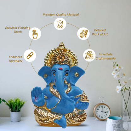 Gold Plated Lord Ganesha Idol for Home Decor Puja, Office & Home Shelves, Diwali Puja, and Gifting |Ganpati Murti Sculpture & Religious 3.5 Inches (8.89 x 5.08 cm) (Mukut Gold Blue)