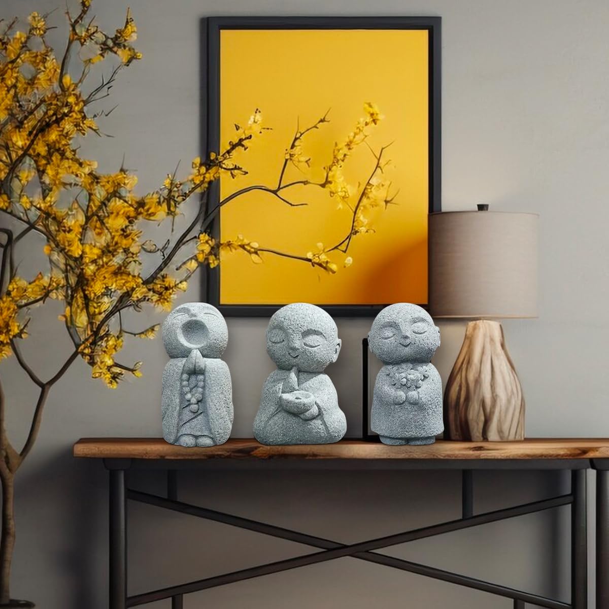 Street27® 3pcs Japanese Monk Statue Praying Zen Sandstone Mini Baby Buddha Idol Figurine for Wealth Good Luck Bosatsu Feng Shui Home Décor Showpiece for Fish Tank Aquarium Office Desk Car Decoration