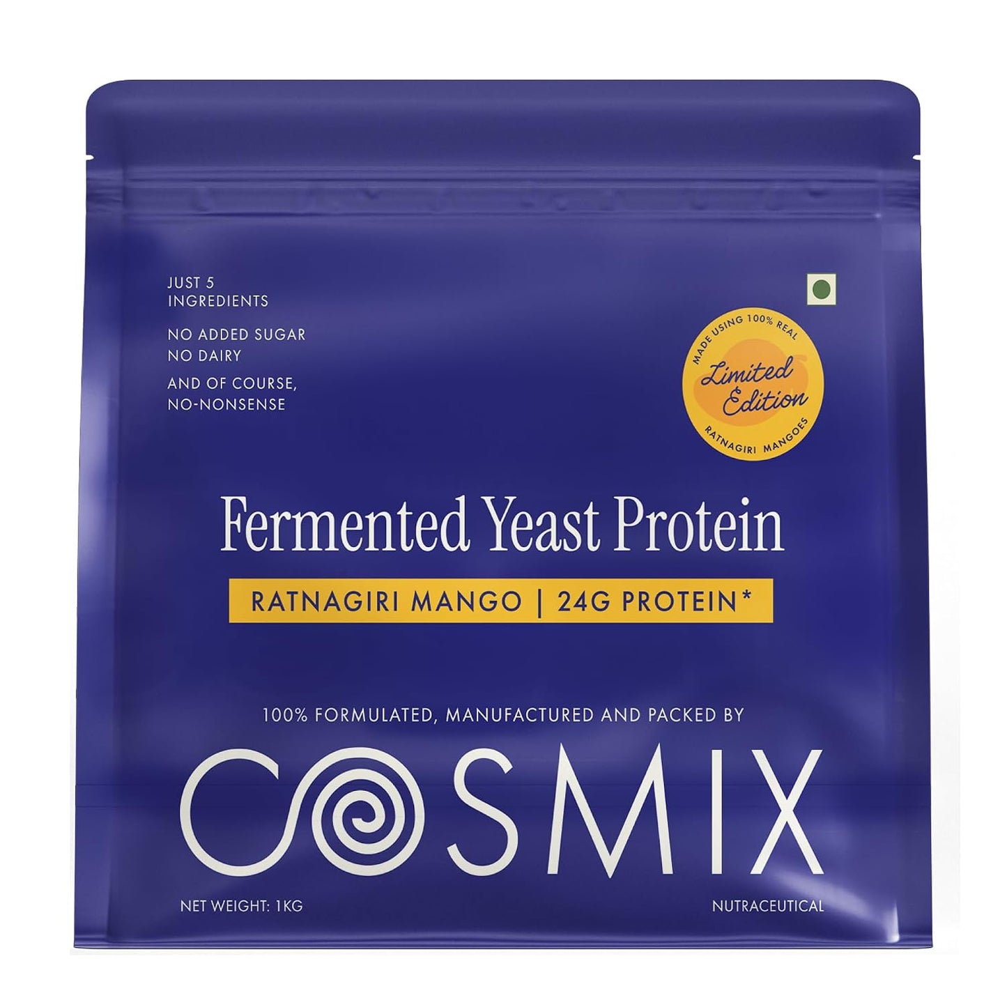 Cosmix Fermented Yeast Protein Powder | 24g Protein | Made with Real Mango | High Absorption with PDCAAS of 1 | No Dairy | Made In-House | Smooth, Tasty & Gut-Friendly | Ratnagiri Mango, 1Kg Pouch