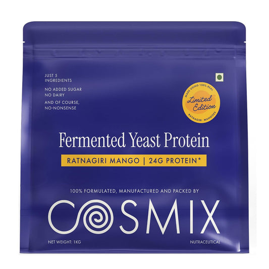 Cosmix Fermented Yeast Protein Powder | 24g Protein | Made with Real Mango | High Absorption with PDCAAS of 1 | No Dairy | Made In-House | Smooth, Tasty & Gut-Friendly | Ratnagiri Mango, 1Kg Pouch