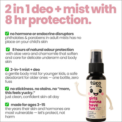 Tüco Kids deodorant and mist bottle with product features on a white background