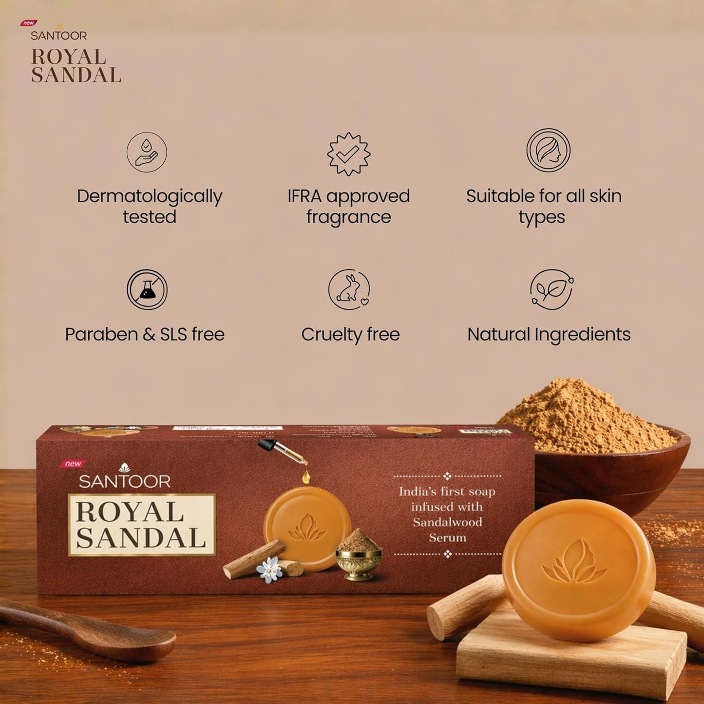 Santoor Royal Sandal Detan Pack | 3 Soaps (150g Each) | 100% Sandalwood Oil & Powder | 3-Step Natural Detan | Reduces tan, Improves complexion, Even Skin Tone & Glow