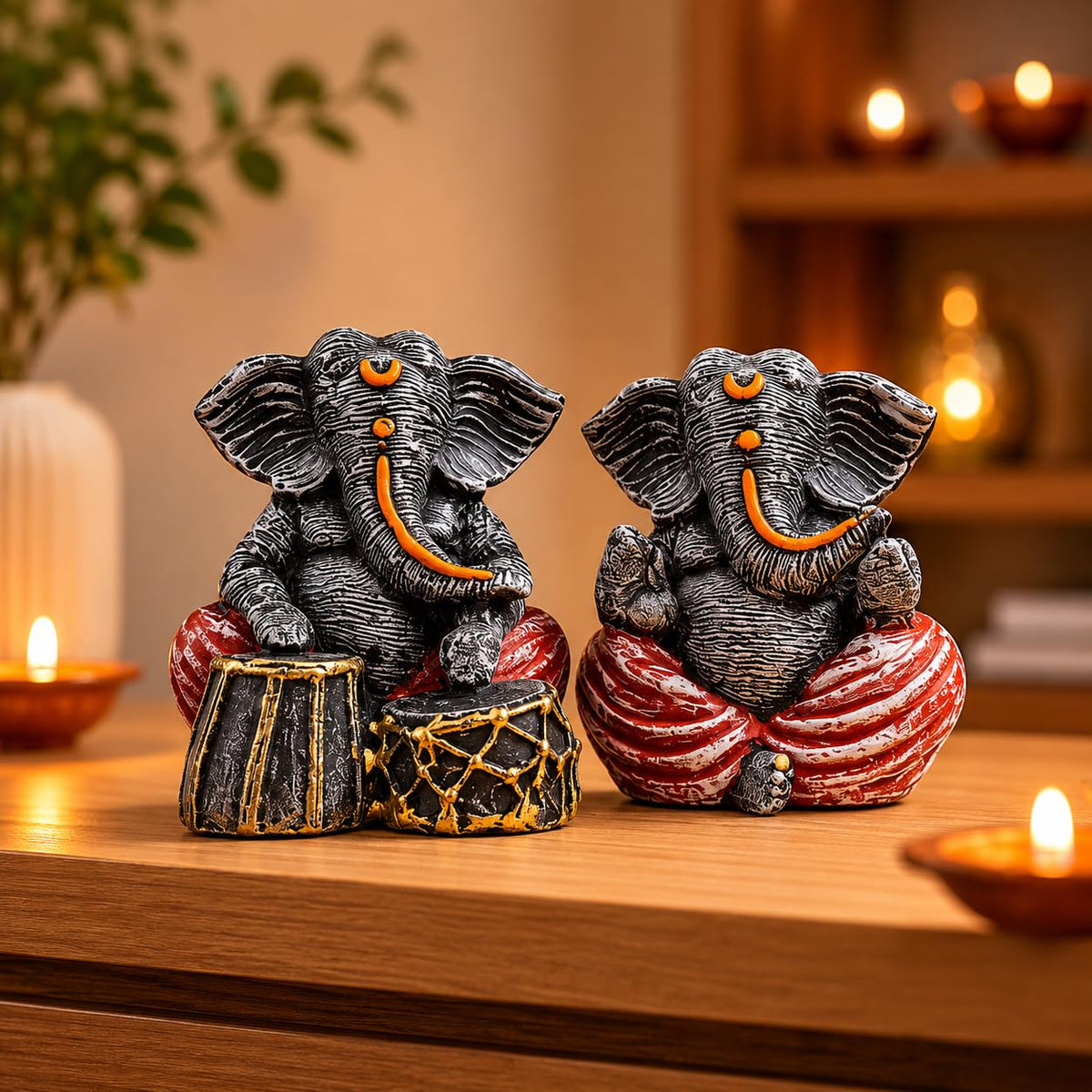 Beautiful Resin Ganesha Pair for Home Decor | Brings Prosperity - (Grey & Red, Pack of 2)
