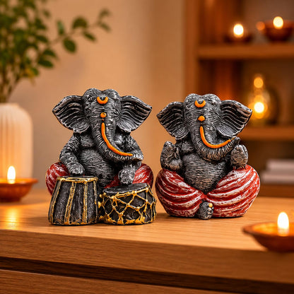 Beautiful Resin Ganesha Pair for Home Decor | Brings Prosperity - (Grey & Red, Pack of 2)