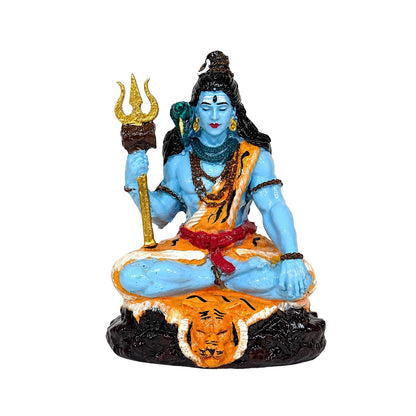 Blue Shiva Idol, 9 cm Hand Painted Resin Mahadev Murti with Trishul, Snake & Tiger Skin Design, Lord Shiva Statue for Car Dashboard, Home Mandir, Living Room, Office & Pooja Decor