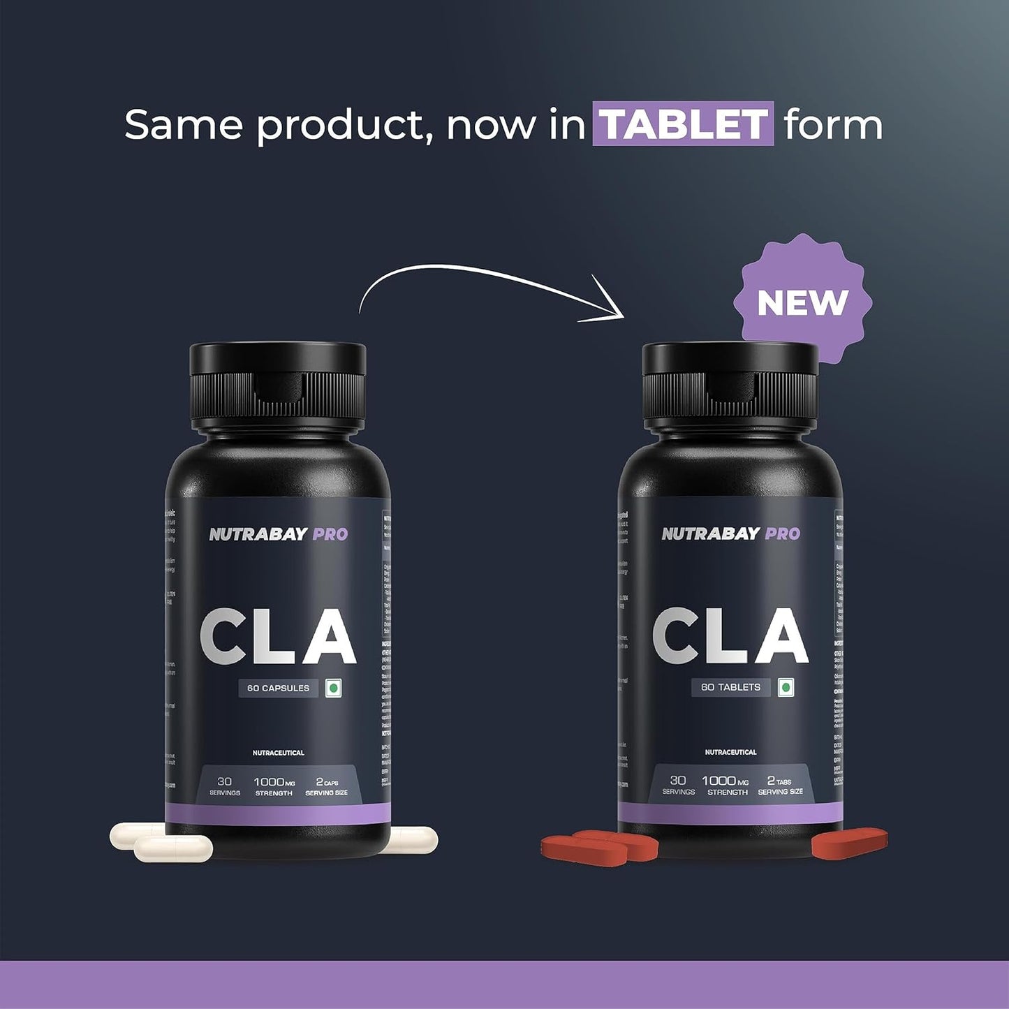 Two bottles of Nutrabay Pro CLA with capsules and tablets on a dark background