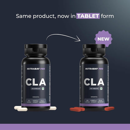 Two bottles of Nutrabay Pro CLA with capsules and tablets on a dark background