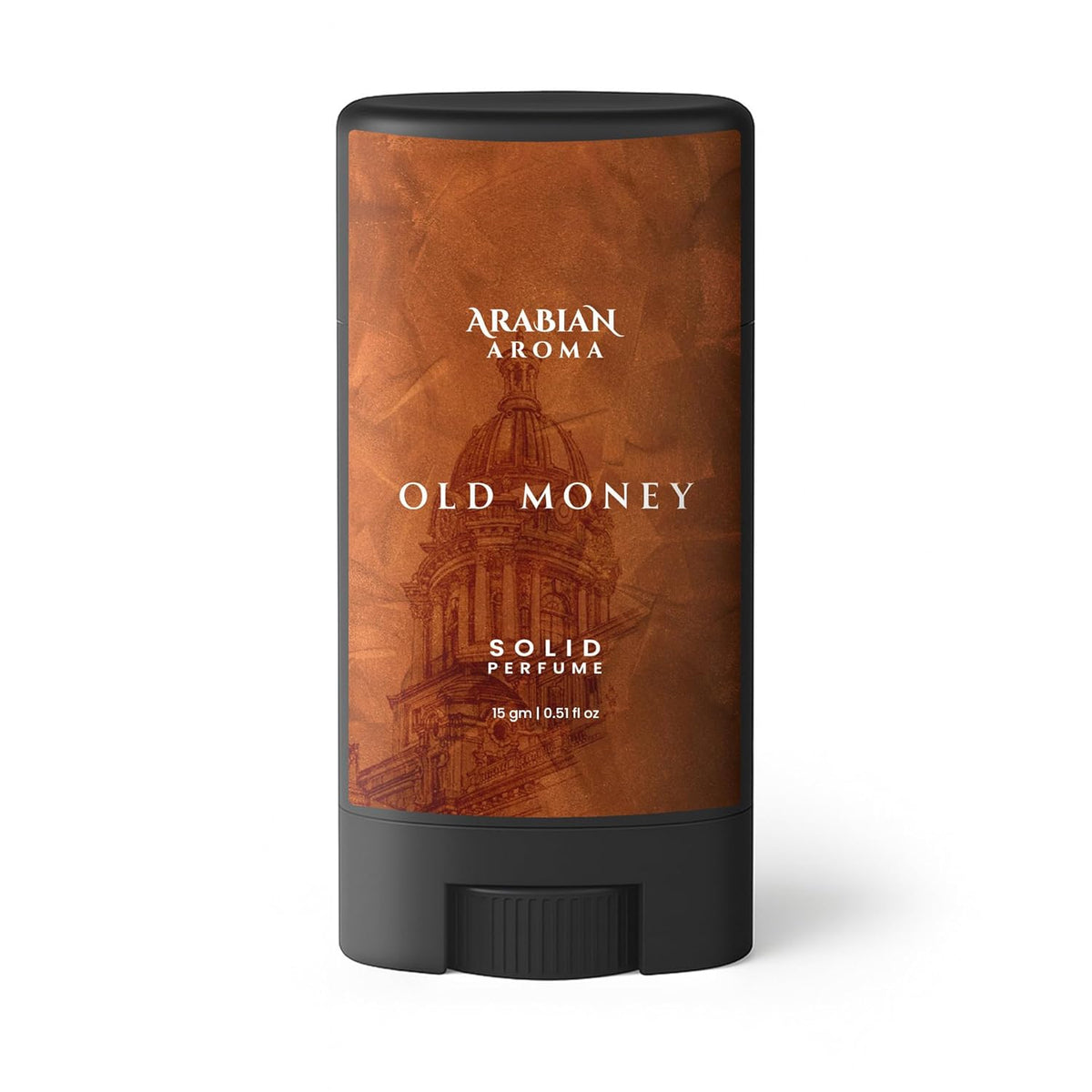 Solid perfume stick by Arabian Aroma with 'Old Money' design on a white background