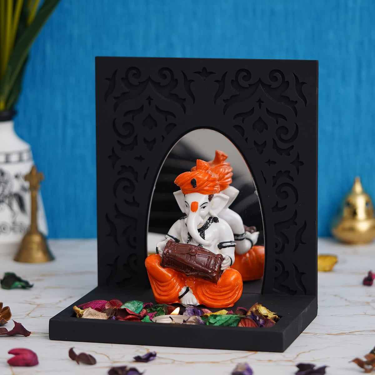 Orange White Resin Lord Ganesha Idol Playing Dholak Showpiece Potpourri Tea Light Candle Holder| Ganpati Murti Tea Light Holder Diwali Decoration Items for Home Decor Office| Diwali Gift