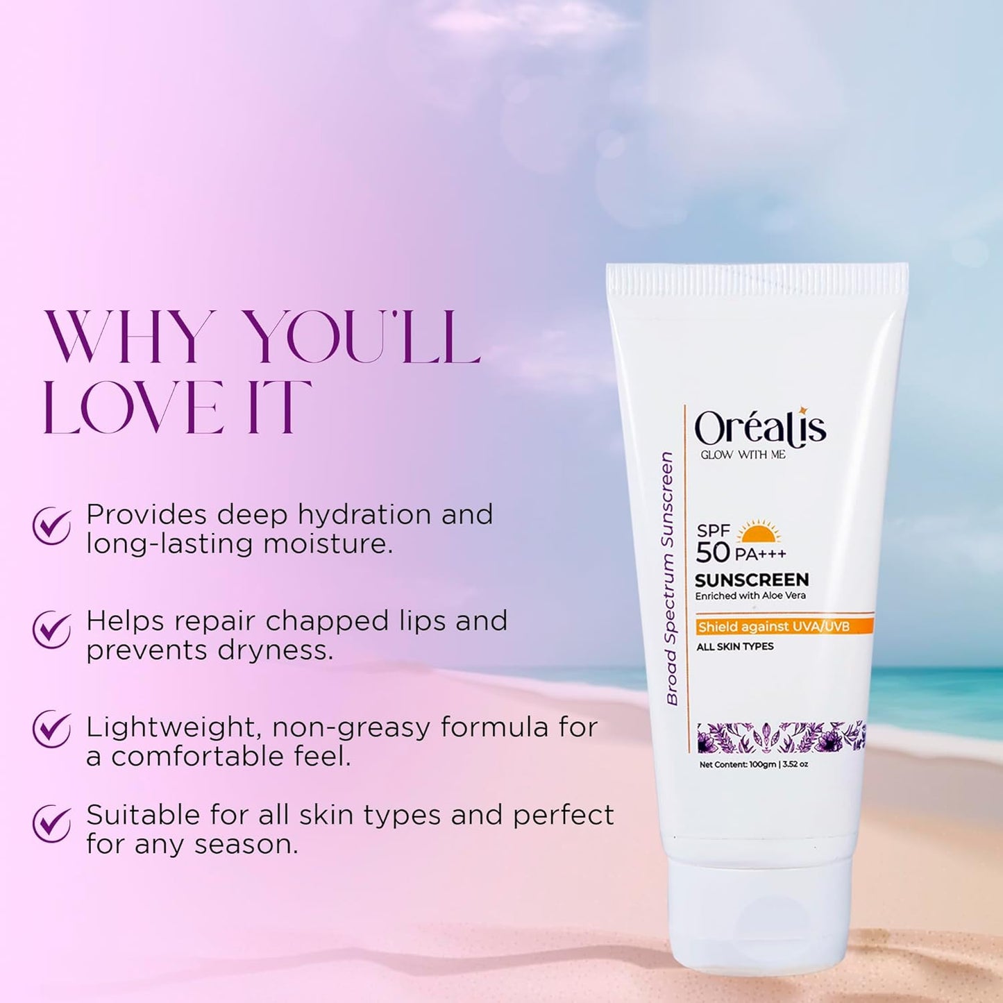 Oréalis Sunscreen Cream 100gm with UVA UVB PA+ Protection | Moisturizer with Aloe Vera | Broad Spectrum Lightweight Non-Greasy Face Sunscreen for All Skin Types Men & Women