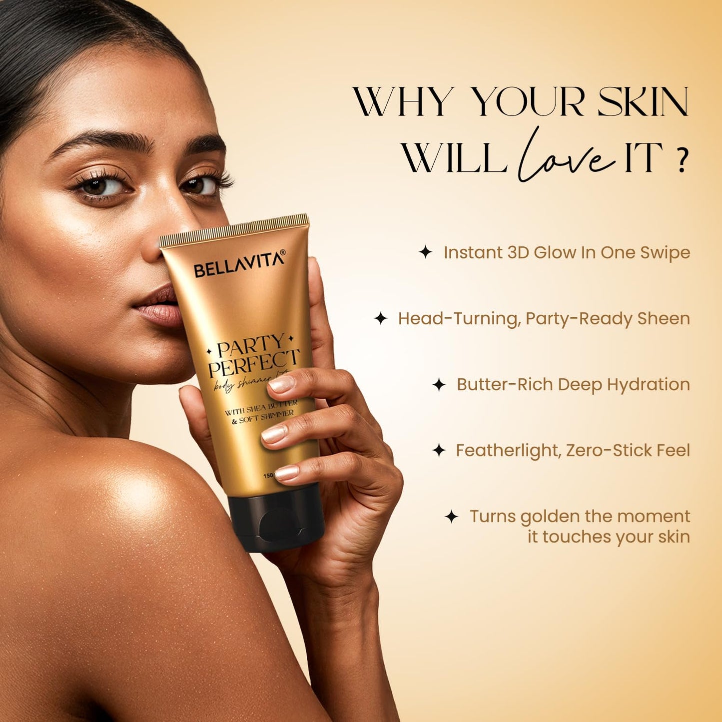 Woman holding a gold tube of Bellavita Party Perfect body shimmer with product features listed.