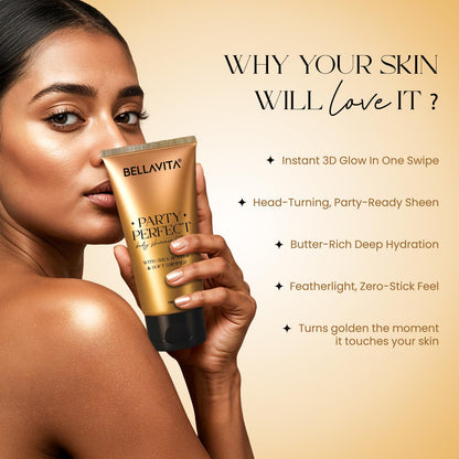Woman holding a gold tube of Bellavita Party Perfect body shimmer with product features listed.