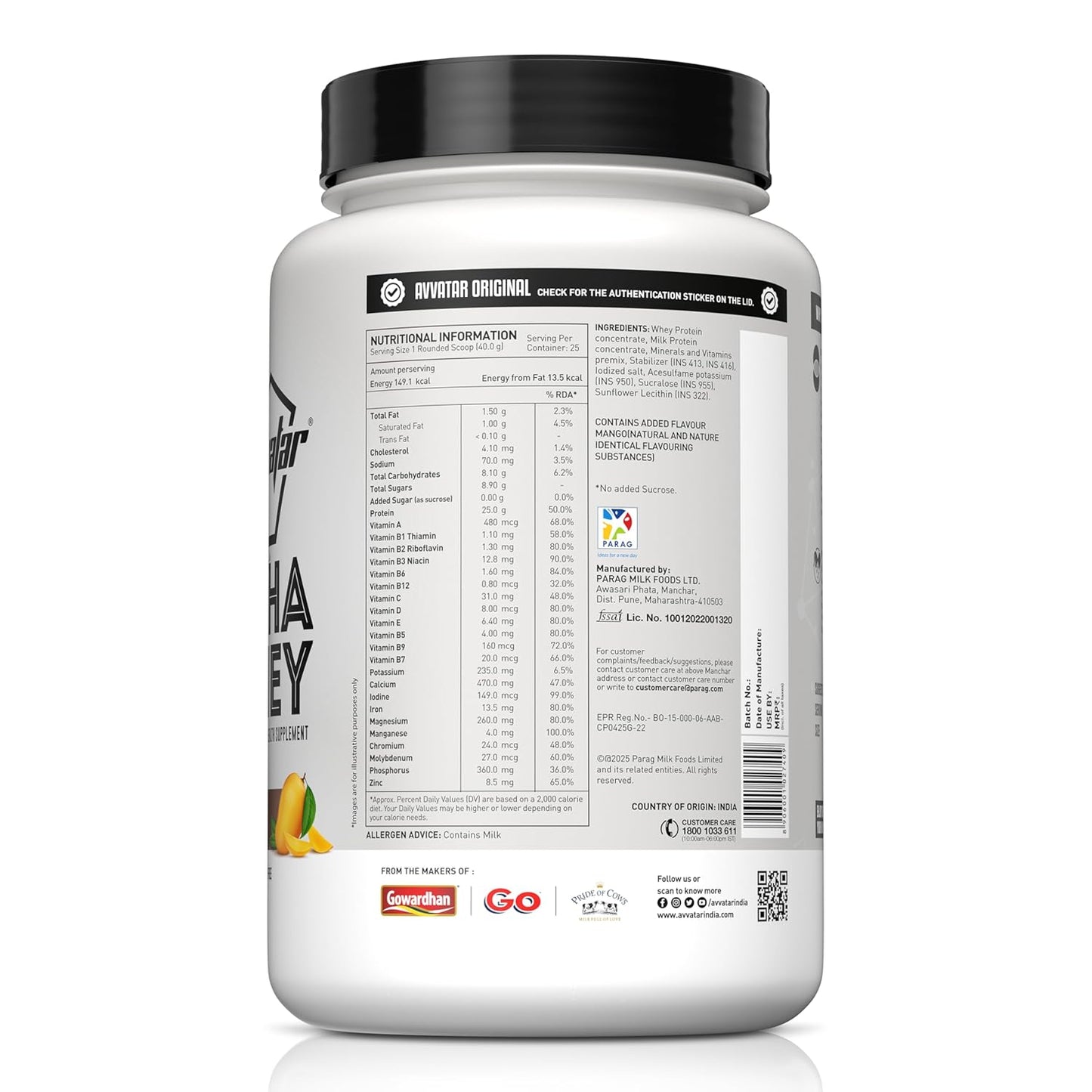 Container of whey protein powder with nutritional information label on a white background
