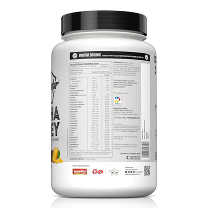 Container of whey protein powder with nutritional information label on a white background